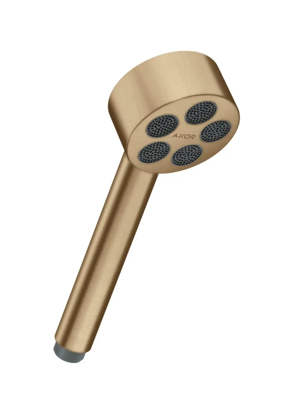 Handbrause in gebürstetem Bronze-Finish, mit runde Kopf- und vier Strahlöffnungen, von der Marke AXOR. Die Form ist ergonomisch gestaltet für die Handhabung.